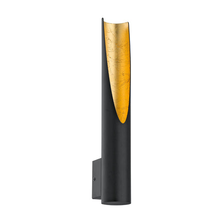 San Cono Wall Light 6cm in black steel with a gold leaf interior, featuring a slim tube form with an angled cut-out and small square wall bracket, shown on a white background.