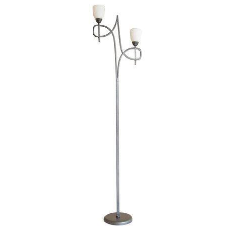 The San Marino 2 Light Opal Glass Floor Lamp features a modern pewter base and stem, with two upward-facing opal glass shades held by curved decorative arms for a stylish lighting accent.