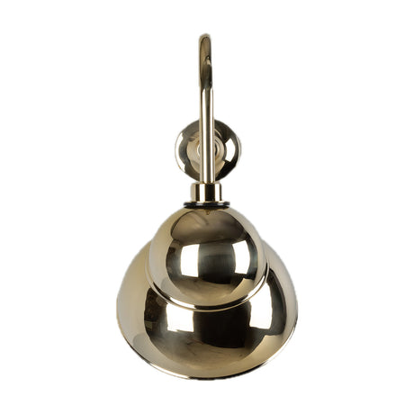 Sanford Brass Outdoor Sign Light IP65, a single two-tier dome shade on a curved swan-neck arm from a round wall plate, polished brass finish, shown on a plain white background.