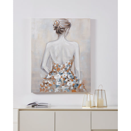 Sannohe Wall Art: portrait canvas of a woman from behind, hair in a loose bun, dress dissolving into white, blue, ochre and brown flowers, hung above a sideboard in a neutral room.