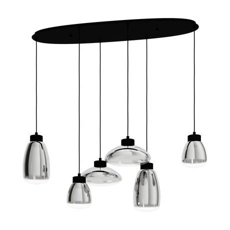 Sarnarra linear pendant light with six smoked glass shades in varied bottle and dome shapes, suspended at different heights from a black oval ceiling plate, shown on a white background.