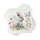 Sasaram Napkins Set of 20, square white paper napkins printed with a watercolour rabbit among wildflowers, stacked on a plain background.