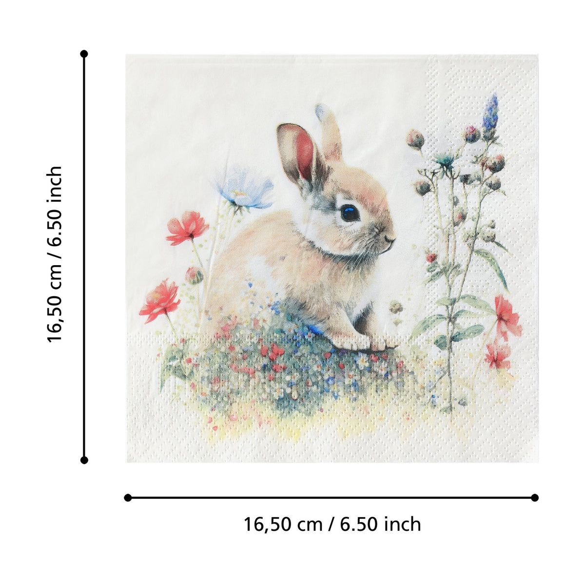 Sasaram Napkins Set of 20, square paper napkin with watercolour print of a rabbit among red, pink and blue wildflowers, shown with size diagram 16.5cm x 16.5cm.
