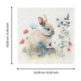 Sasaram Napkins Set of 20, square paper napkin with watercolour print of a rabbit among red, pink and blue wildflowers, shown with size diagram 16.5cm x 16.5cm.