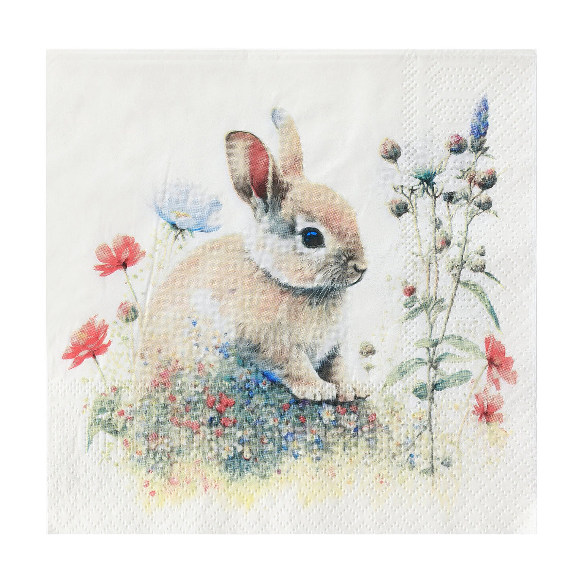 Sasaram paper napkin with watercolour print of a young rabbit among red, pink and pale blue wildflowers on a white background, three-ply, square 16.5cm design.