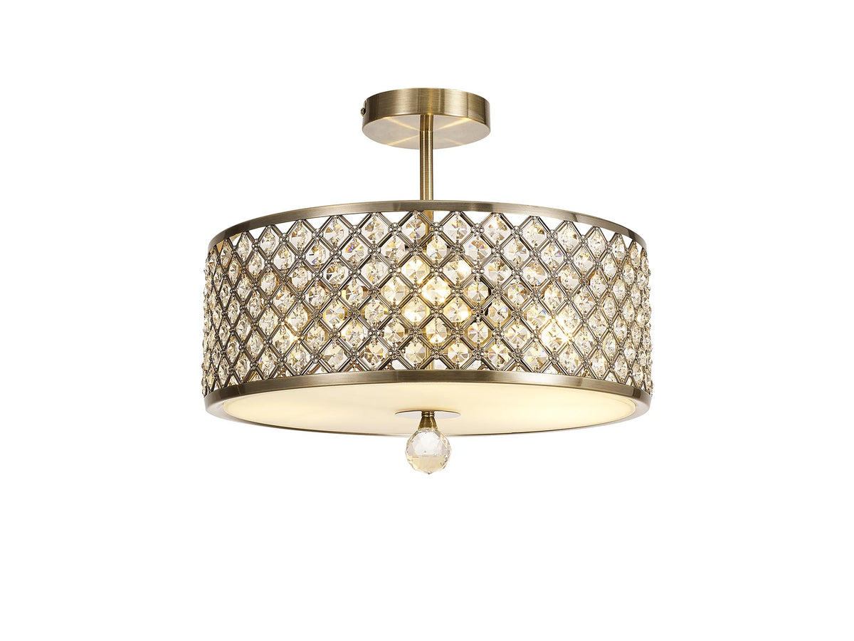 Sasha 3 Light E27 Semi Flush Ceiling Light 40.5cm - Antique Brass