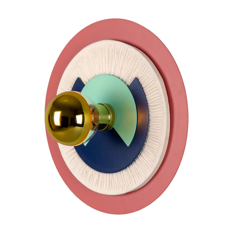 Saturn Colourful Disc Wall Light with layered coral, cream, navy and mint discs and a central brass globe bulb, shown on a plain white background.