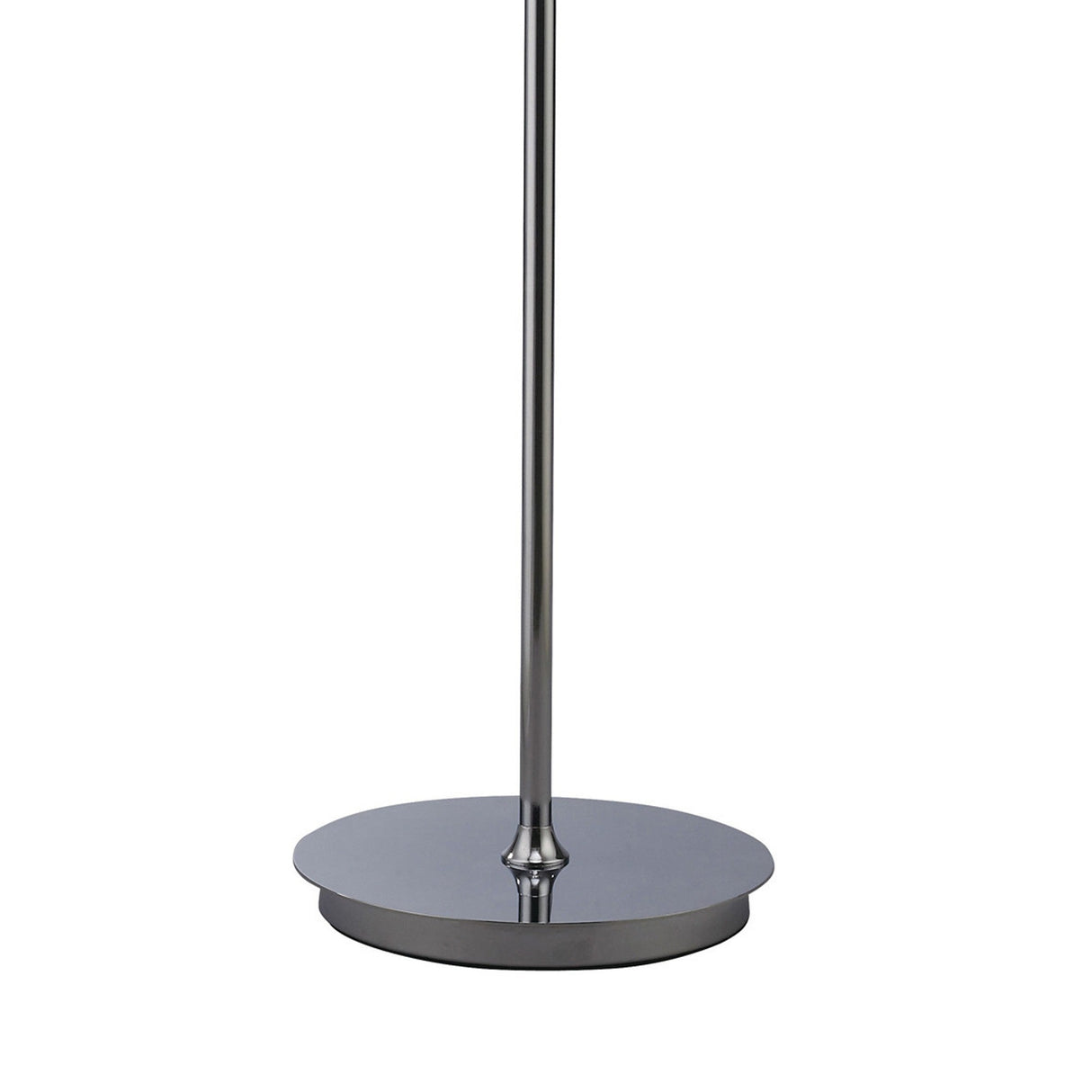 A close-up of the Savanna 3 Light Crystal Floor Lamp shows its sleek, polished chrome finish with a round, flat base and slender vertical pole. The shiny, reflective surface adds a modern touch to any space.