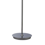 A close-up of the Savanna 3 Light Crystal Floor Lamp shows its sleek, polished chrome finish with a round, flat base and slender vertical pole. The shiny, reflective surface adds a modern touch to any space.