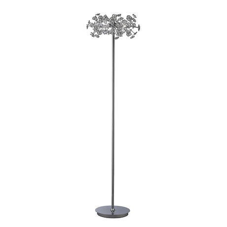 The Savanna 3 Light Crystal Floor Lamp in polished chrome features a slim metallic stand, an elegant cluster of crystal elements forming the shade, and stands gracefully on a round base for a modern touch.