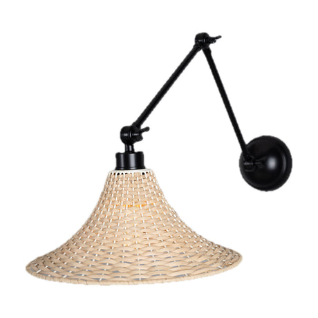 Savannah Large Rattan Wall Light with a flared woven rattan cone shade on a jointed black arm with wing-nut joints and round wall plate, shown against a plain white background.