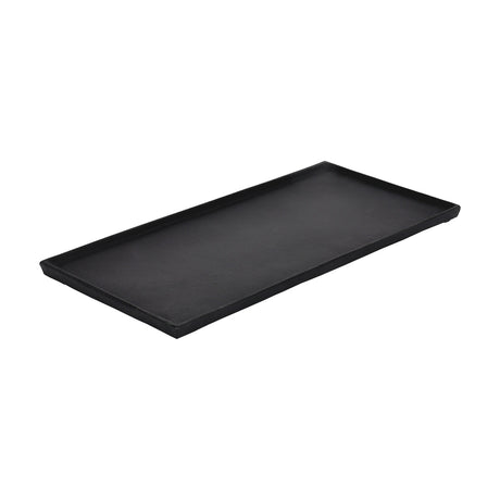 Savant rectangular decorative tray in black aluminium with a flat base and low raised rim, textured matte finish, shown on a white background.
