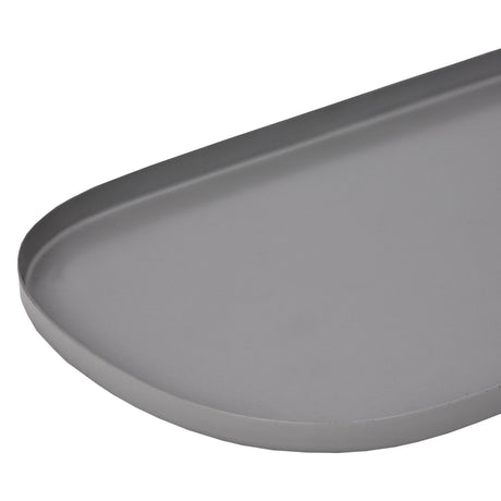 Close-up of the Savant Decorative Tray in grey metal, showing its oblong shape, rounded end, and low rim, on a plain white background.