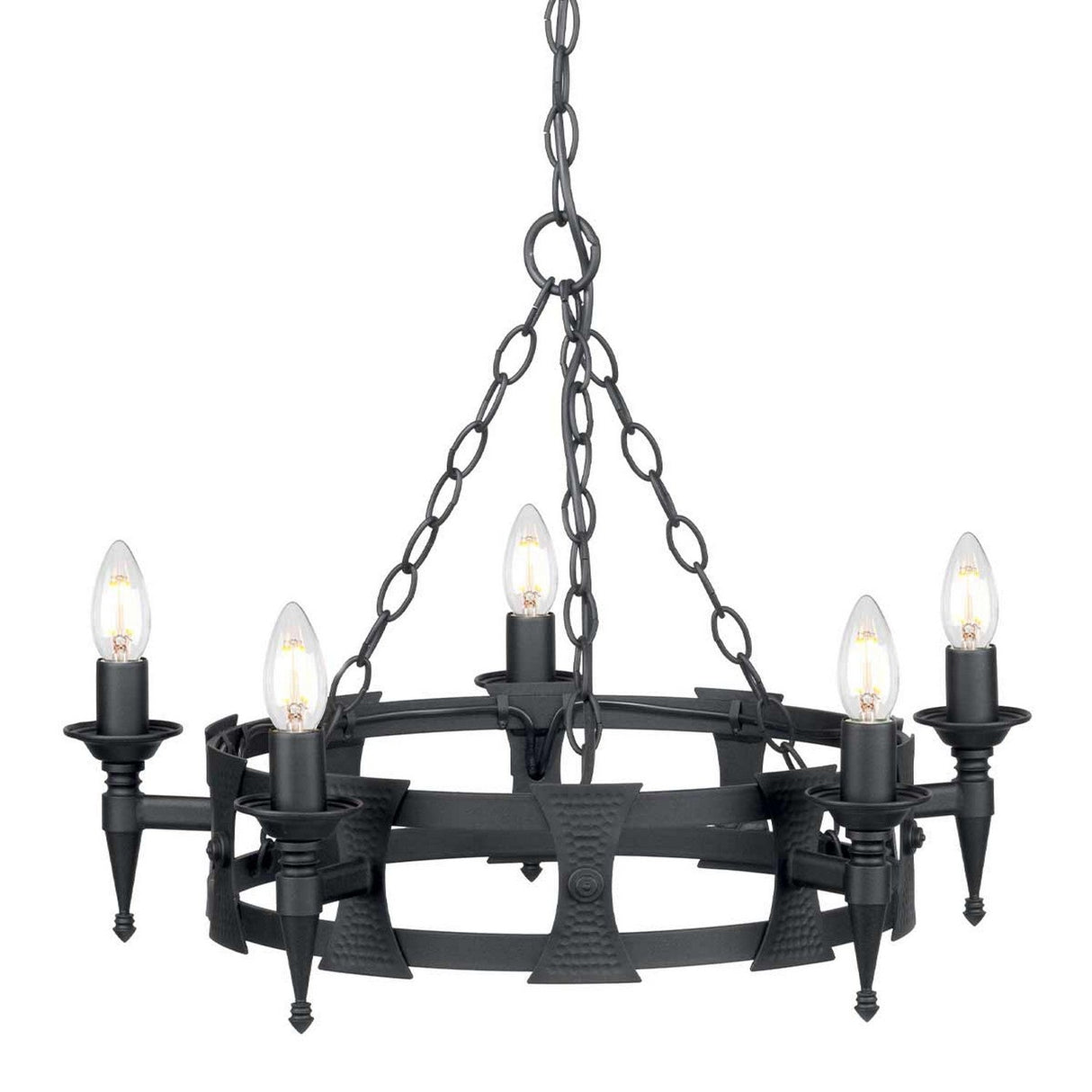 The Saxon 5 Light Chandelier - Black, crafted from wrought iron, showcases five candle-style bulbs evenly distributed around its circular frame and suspended by sturdy chains. The unlit bulbs enhance its medieval-inspired aesthetic.