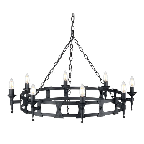 The Saxon 8 Light Chandelier - Black features a circular design made of black wrought iron, complete with eight candle-shaped light bulbs. Its chain suspension evokes a medieval, rustic charm.