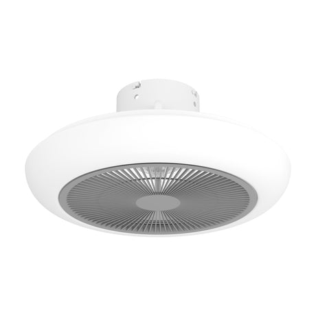 Sayulita ceiling fan with light, round low-profile white housing with grey underside grille concealing the fan blades, integrated LED and ceiling mount, shown on a plain white background.