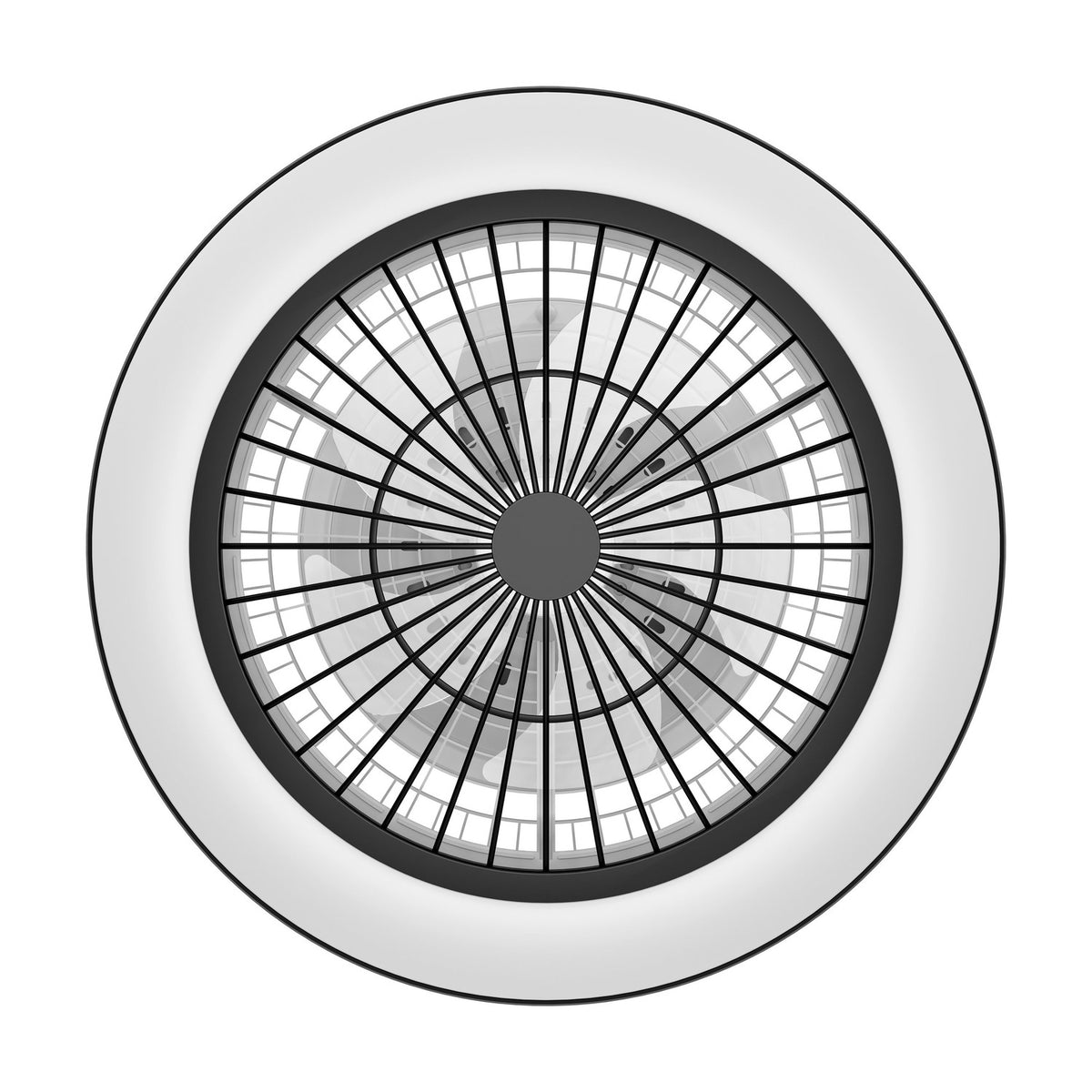Sazan ceiling fan with light, top-down view showing black radial grille at centre, white segmented acrylic diffuser ring, black outer band, and white outer canopy on a plain white background.
