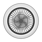 Sazan ceiling fan with light, top-down view showing black radial grille at centre, white segmented acrylic diffuser ring, black outer band, and white outer canopy on a plain white background.