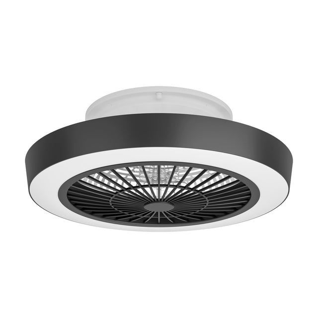 Sazan black and white round flush-mount ceiling fan with light, featuring a milky acrylic diffuser ring and black radial blade grille, shown on a white background.