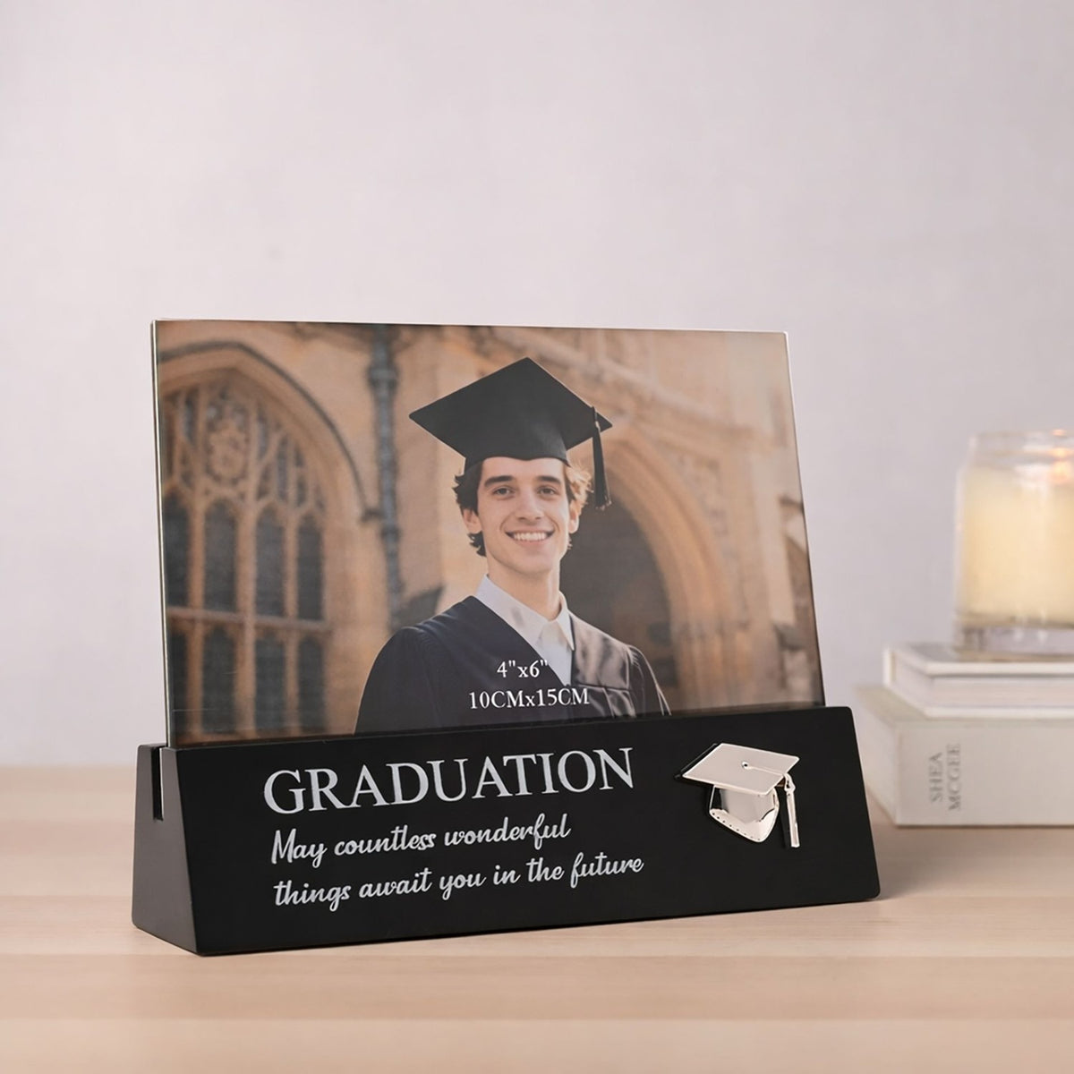 Graduation Cap Wooden Block Photo Frame 6 x 4in - Black