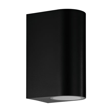 Scogliera-E outdoor wall light in black plastic with a rounded-rectangle body and clear lower lens for a GU10 bulb, shown on a plain white background.