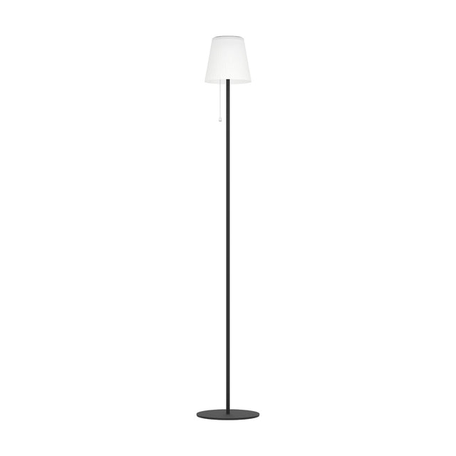 Scordiano-L solar LED floor lamp with a slim black steel pole, round base and white pleated tapered shade, shown against a plain white background.