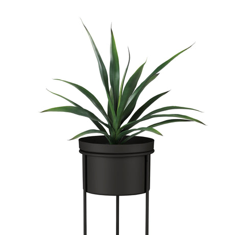 Selangor black metal plant stand with round, straight-sided pot and slim legs on a circular base, shown with a potted green plant against a plain white background.