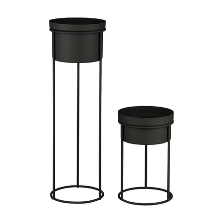 Selangor Metal Plant Stand Set of 2 in black, featuring round straight-sided pots on slim legs with circular ring bases, one tall and one short, on a plain white background.