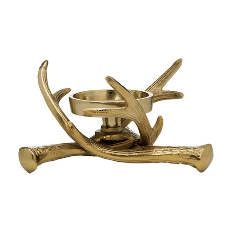 Selising Candle Holder 10cm in gold, crossed antler-shaped aluminium base with ridged texture cradling a smooth round tealight cup, shown on a white background.