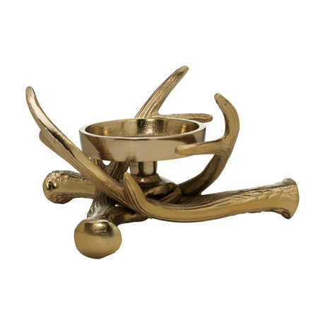 Selising Candle Holder 10cm in gold aluminium, designed as crossed antlers with a smooth round tealight cup, ridged bark-like texture, set on a white background.