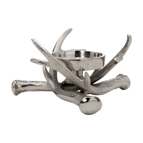 Selising Candle Holder 10cm in nickel-finished aluminium, shaped as crossed antlers with a ridged texture forming a base around a central round candle cup, on a white background.