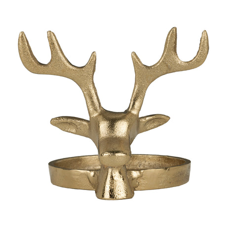 Selising Deer Candle Holder 10cm in gold aluminium, shaped as a deer head with branching antlers and pricked ears above a round candle tray, shown on a white background.