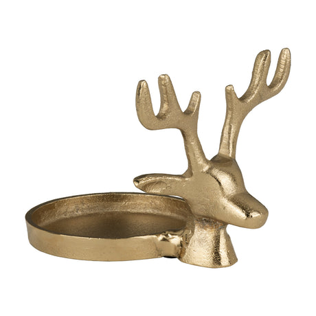 Selising Deer Candle Holder 10cm in gold aluminium, featuring a deer's head with branching antlers beside a round shallow candle tray, shown on a plain white background.