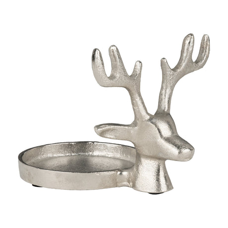 Selising Deer Candle Holder 10cm in nickel, an aluminium deer head with branching antlers beside a round shallow candle tray, shown on a plain white background.