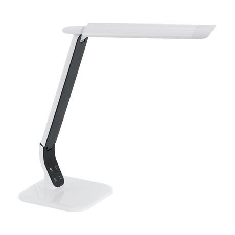 Sellano LED touch table lamp in white and black, with a slim flat head, hinged black arm, touch controls, and a glossy white square base on a plain background.