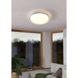 Seluci round LED flush ceiling light in white steel with a plastic diffuser and ringed rim, shown glowing warmly on a living room ceiling near wood-framed windows.