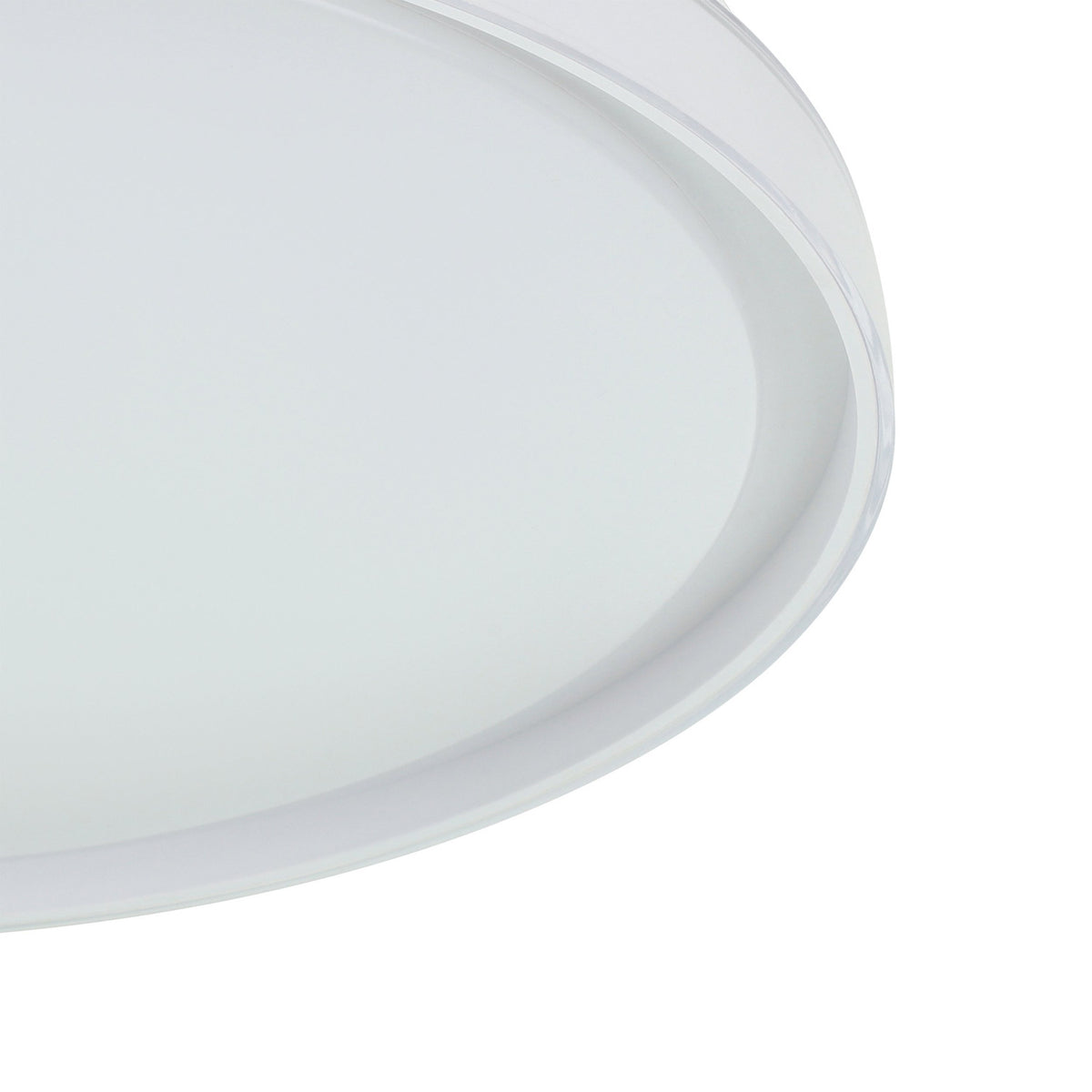 Close-up of the Seluci LED flush ceiling light in white, showing the round white steel body, plastic diffuser, and ringed rim with a clear outer edge band.