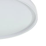 Close-up of the Seluci LED flush ceiling light in white, showing the round white steel body, plastic diffuser, and ringed rim with a clear outer edge band.