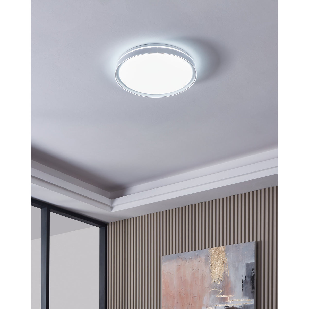 Seluci LED Flush Ceiling Light in white steel with a round plastic diffuser and ringed rim, shown installed on a hallway ceiling with coving.