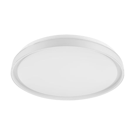 Seluci LED Flush Ceiling Light in white, round design with a white steel body and plastic diffuser framed by a ringed rim, shown on a plain white background.