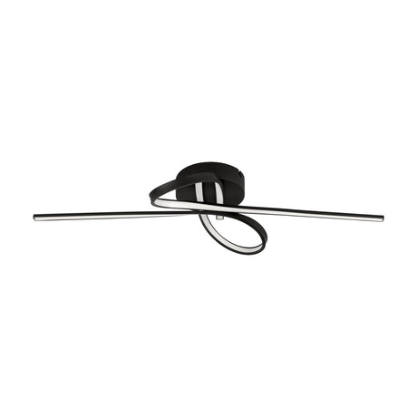 Selvina 1 LED flush ceiling light in black, with a twisted steel and aluminium ribbon looping around a round canopy into two slim arms with integrated LED diffusers, shown on a plain white background.