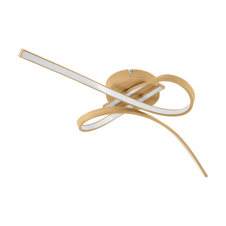 Selvina 2 LED flush ceiling light with looping, ribbon-like arms in a light brown wood-effect finish and white diffuser strips, set against a plain white background.