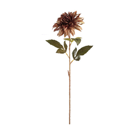 Semporna Artificial Dahlia in brown, a single tan stem with one layered bloom shading from dark brown to tan tips, plus green toothed leaves, shown on a plain white background.