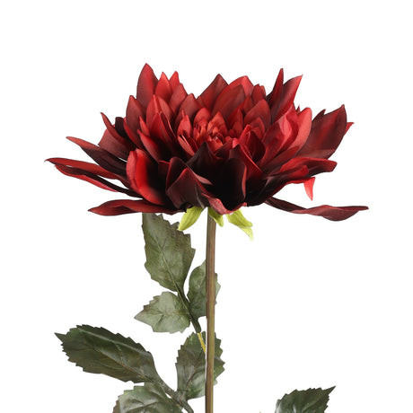 Semporna Artificial Dahlia in red, a single faux bloom with layered pointed petals and serrated green leaves along the stem, shown on a plain white background.
