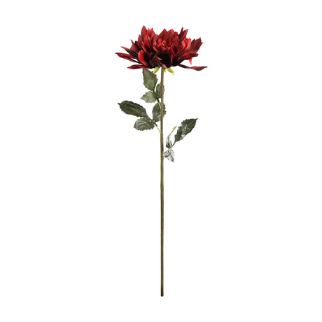 Semporna Artificial Dahlia in red, a single faux bloom with layered pointed petals on a long stem with green serrated leaves, shown against a plain white background.