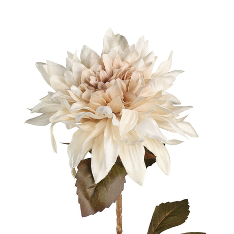 Semporna Artificial Dahlia in white, a large faux bloom with layered pointed petals and a blush-toned centre on a brown stem with olive-green leaves, shown against a plain white background.