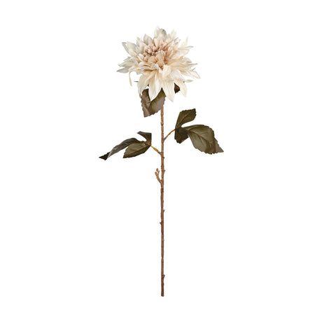 Semporna Artificial Dahlia in white plastic, a single full bloom with layered pointed petals and a blush centre on a long brown stem with olive-green leaves, shown against a plain white background.