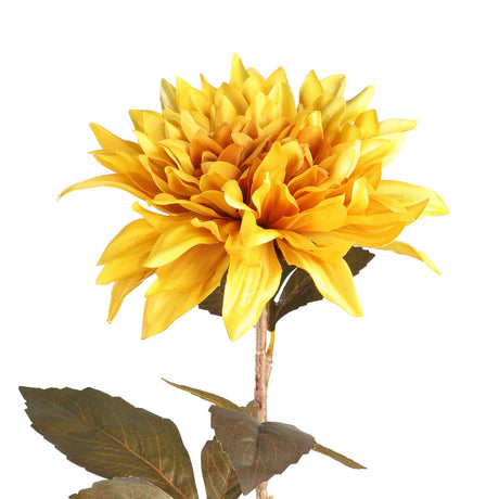 Semporna Artificial Dahlia in bold yellow with orange-toned centre, layered pointed petals, and a stem with serrated olive-green leaves, shown against a plain white background.