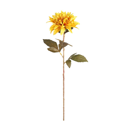 Semporna Artificial Dahlia in bold yellow with orange-tinged centre, full layered petals, and a slender stem with serrated olive-green leaves, shown on a plain white background.