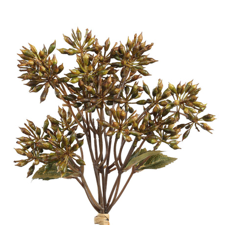 Semporna Artificial Flower in Brown, a plastic stem with clustered olive-brown seed-pod buds and a few green leaves, shown on a plain white background.